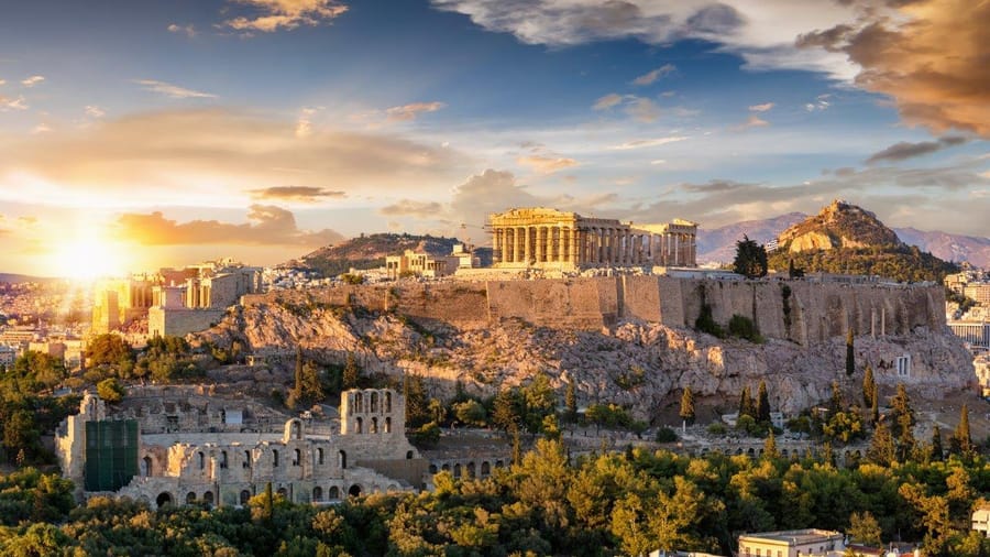 The Acropolis hill above the Odeon of Herodes Atticus at sunset, the sites that Acropolis tickets open