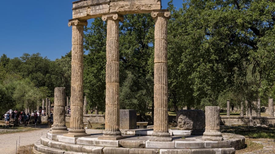 The rebuilt Ionic columns of the Philippeion on an ancient Olympia tour