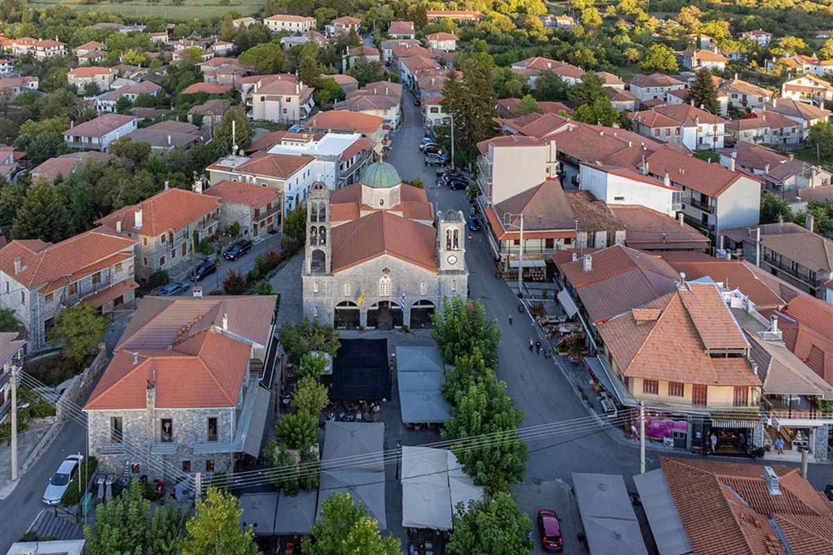 Vytina and its central square with the church of Saint Tryphon seen from above, one of the Arcadia mountain villages