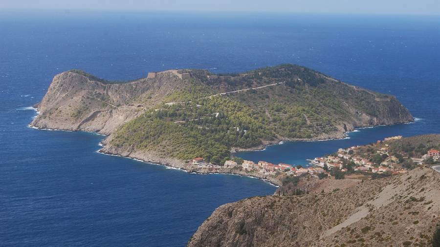 Assos village and its peninsula above the sea on the coast of Kefalonia