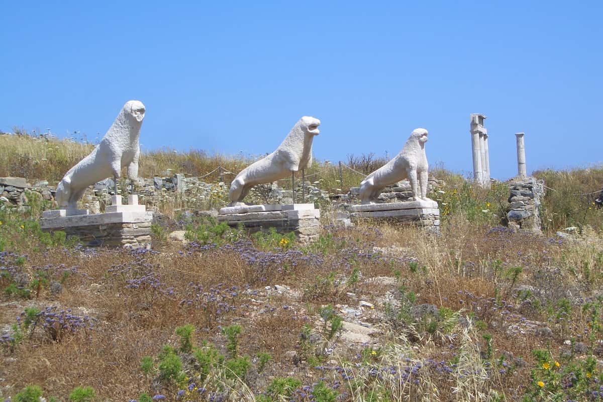 The marble lions of the Terrace of the Lions on Delos, the best known sight of a Delos tour