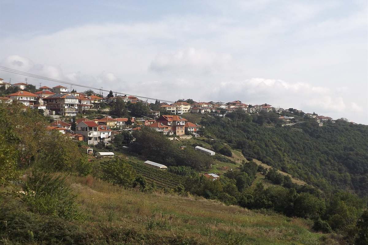 The village of Elatochori on a green hillside of the Pierian Mountains, beside the Elatochori ski resort