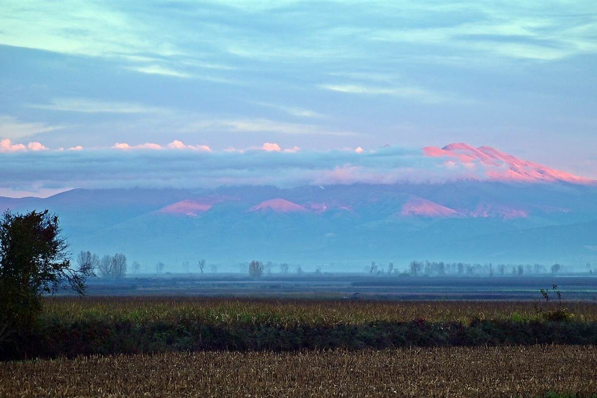 The peaks of Falakro lit pink at dawn above the plain of Drama