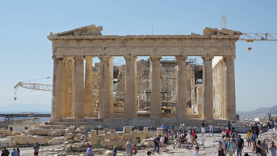The Parthenon on the Acropolis in Athens with visitors in front