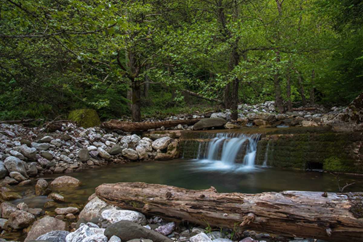 Small waterfall over mossy rocks in green forest near Lake Plastira