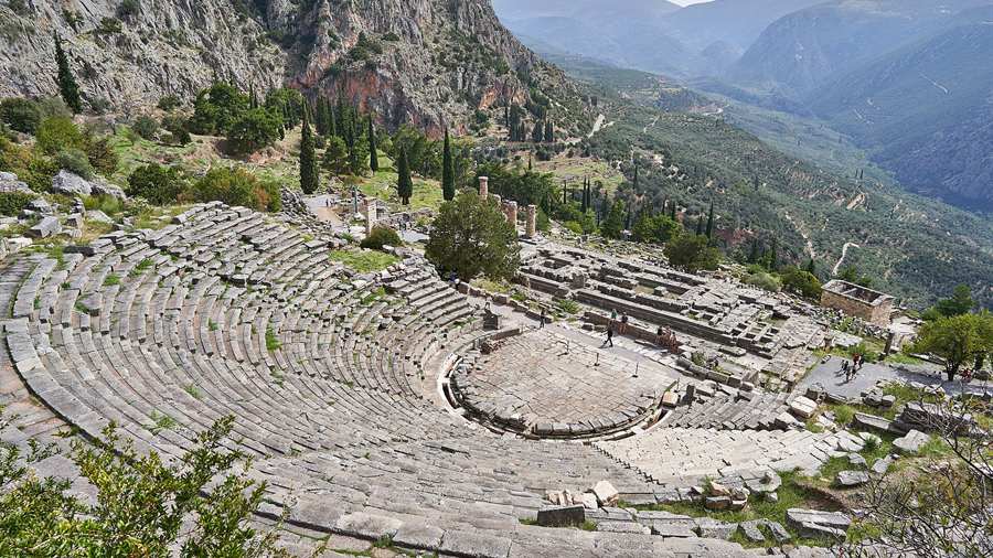 The ancient theatre of Delphi above the valley, a stop on Greece multi-day tours