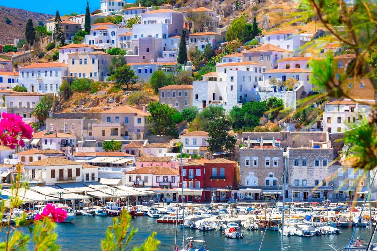 The harbour and stone houses of Hydra town, a stop on a Hydra Poros Aegina cruise
