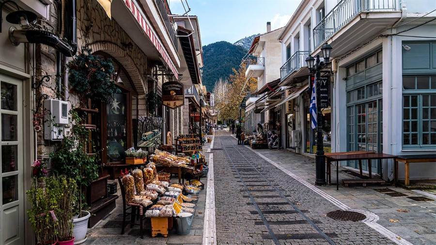 A stone-paved shopping street in the town of Kalavryta with mountains behind, a stop on a Kalavryta tour