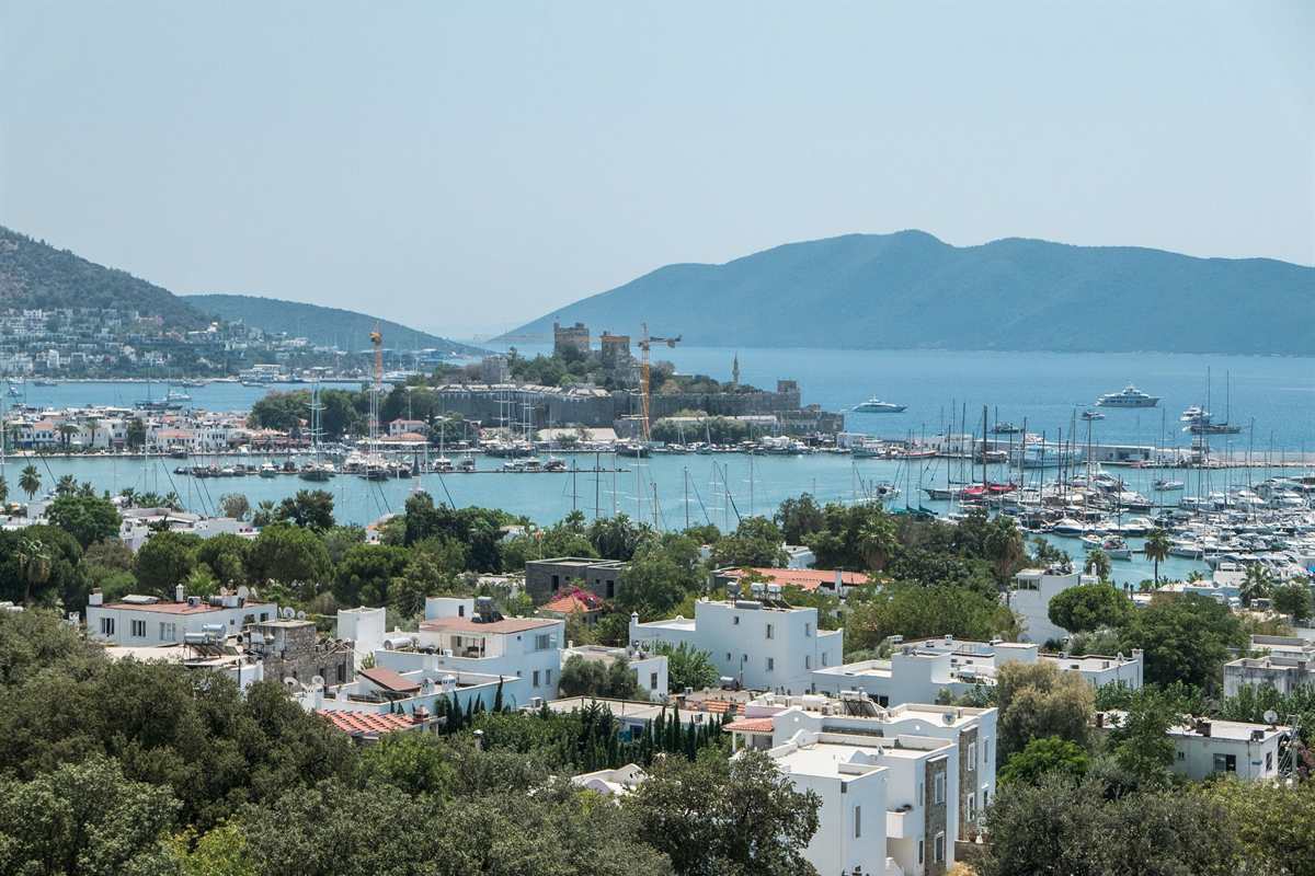 Bodrum Castle above the marina and white houses of Bodrum, the goal of a Kos to Bodrum day trip
