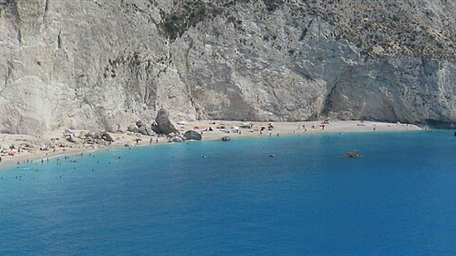 Porto Katsiki beach beneath steep white cliffs on Lefkada
