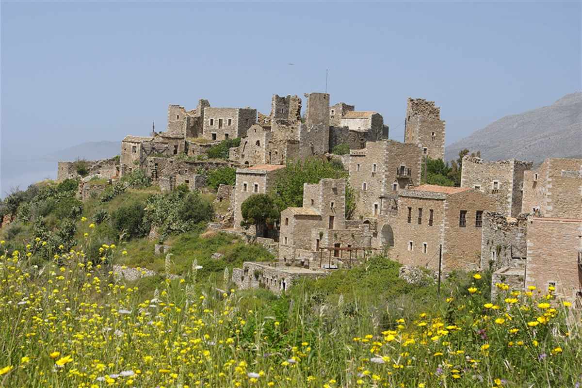 Stone tower houses of Vatheia on a hill in the Mani peninsula, Mani tour