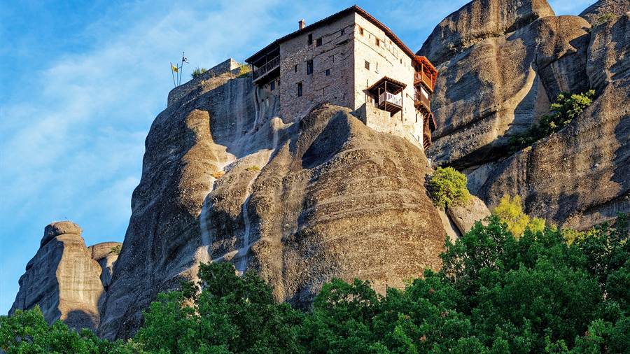 Monastery perched on a tall sandstone rock pillar at Meteora in Thessaly