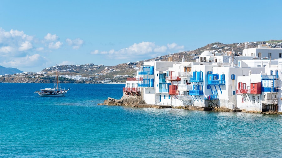 The sea-front houses of Little Venice in Mykonos Town on a Mykonos island tour