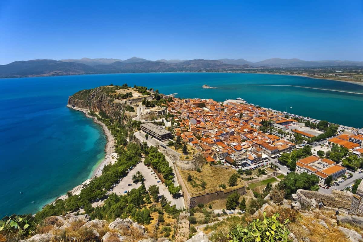 The old town of Nafplio on its peninsula, seen from above on a Nafplio day trip