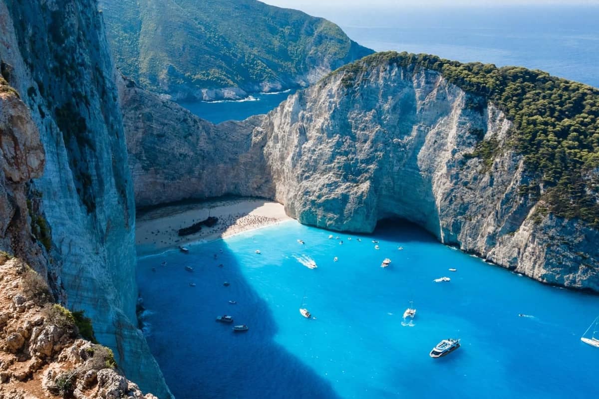 Navagio bay and its white cliffs from above, the goal of a Navagio shipwreck tour