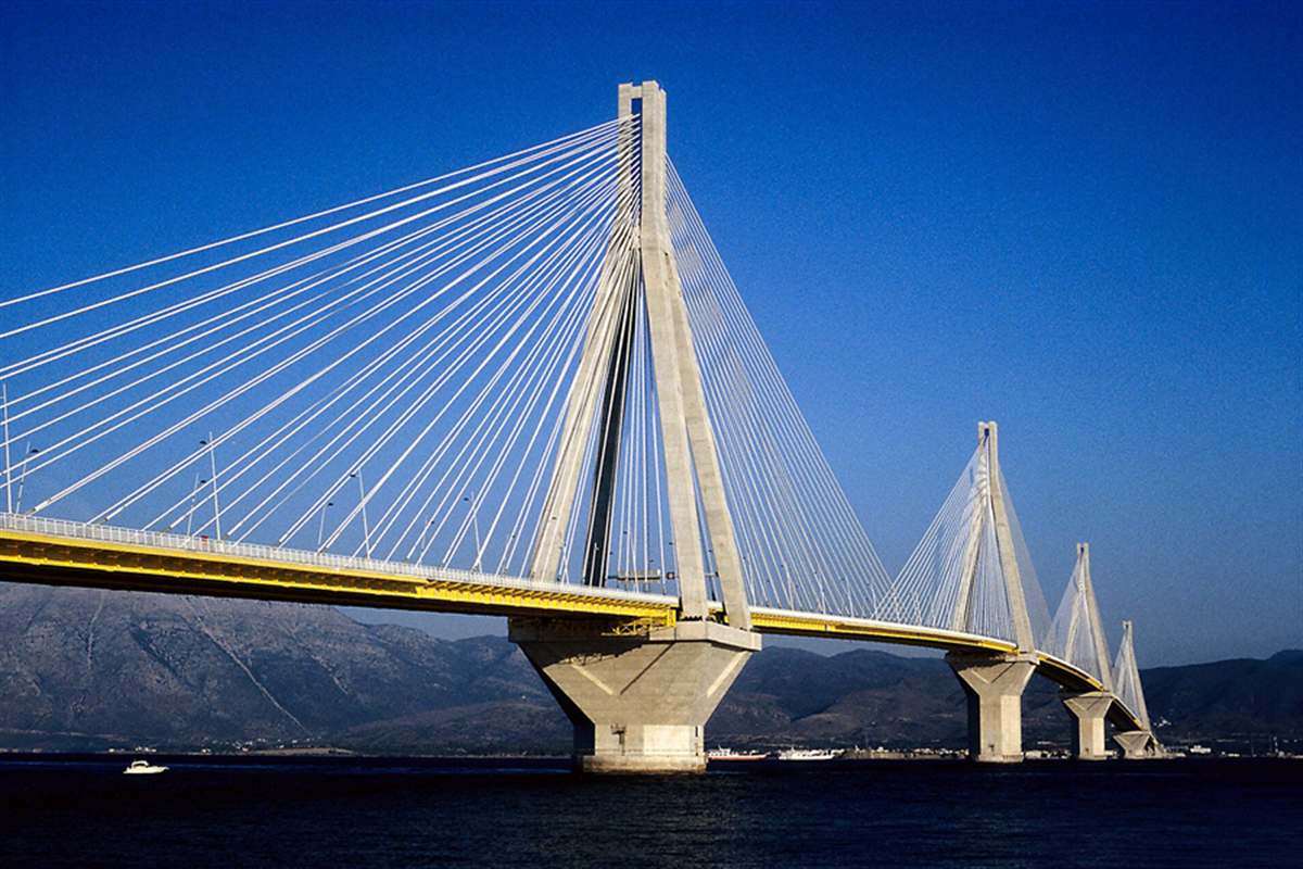 Cable-stayed Rio-Antirrio bridge pylons over the Gulf of Corinth near Patras, Patras tour