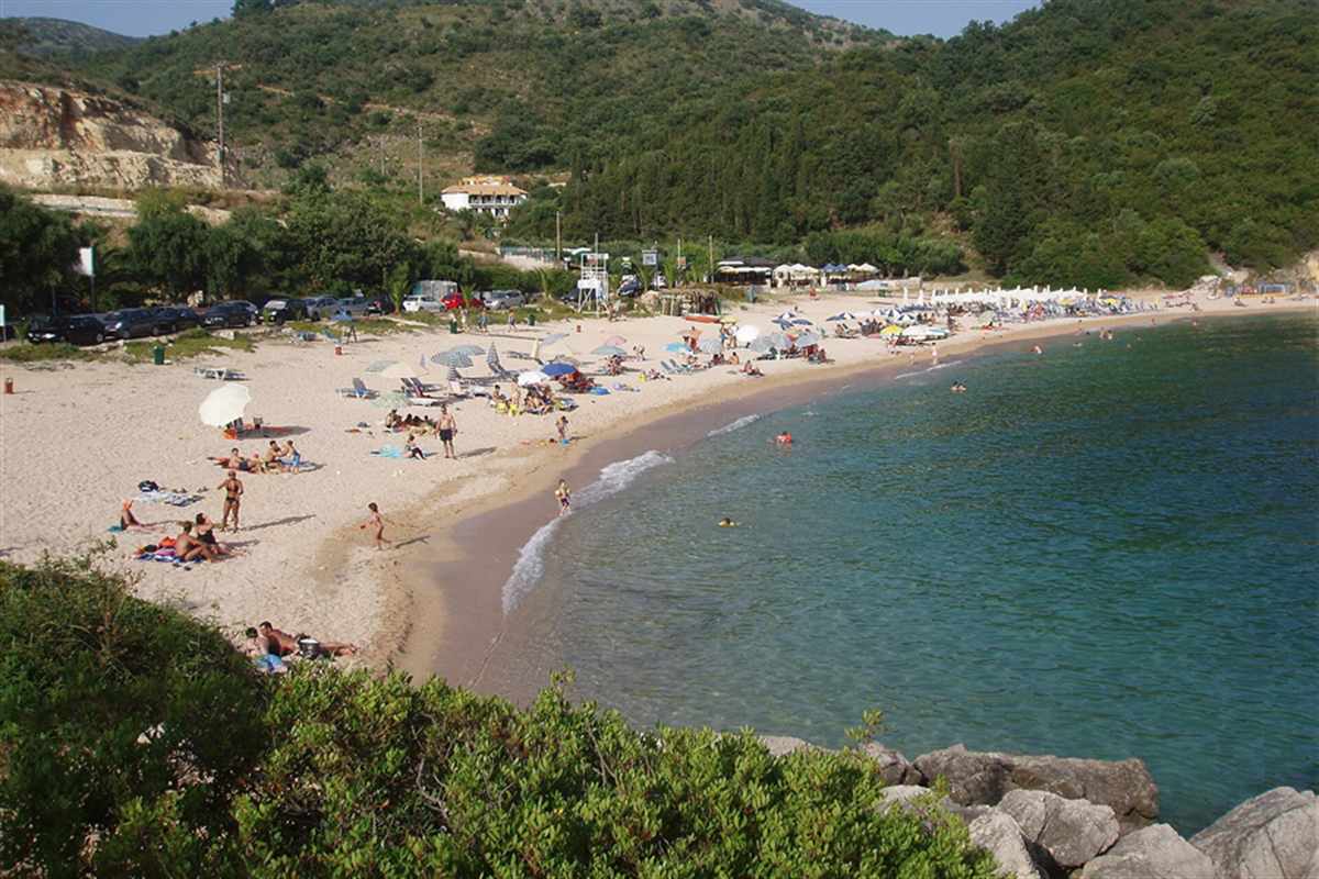 Mega Ammos beach with turquoise water and green hills at Sivota, Sivota Blue Lagoon cruise