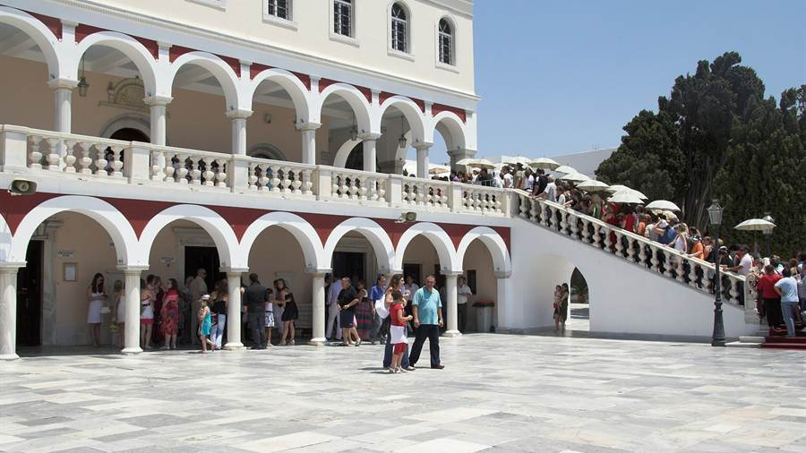 Marble courtyard and arcades of the Our Lady of Tinos church complex