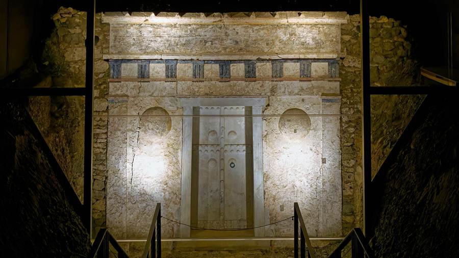 Lit stone steps leading to a tomb entrance in the royal tombs at Vergina