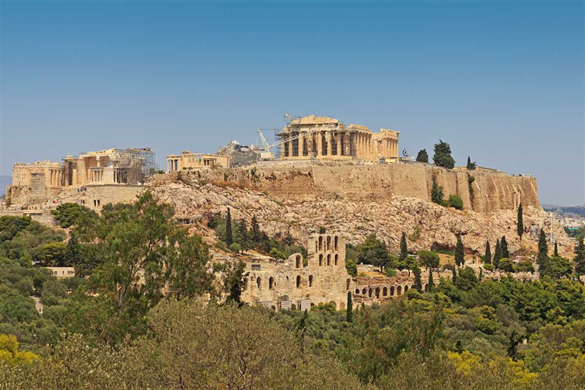 Acropolis hill with the Parthenon rising above Athens trees under a clear sky