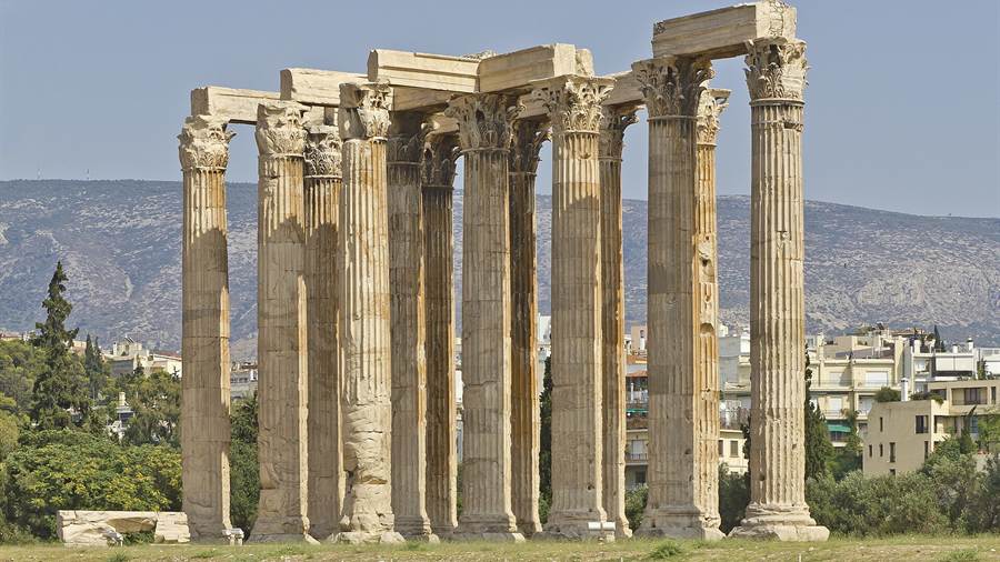 Standing columns of the Temple of Olympian Zeus in Athens on a sunny day