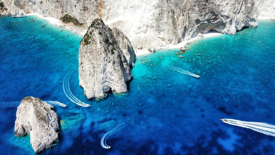 The Myzithres sea stacks off the Keri cliffs on a Zakynthos island tour