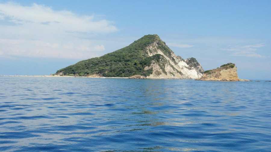 Marathonisi, the turtle-shaped islet in Laganas Bay, seen from the sea on a Zakynthos turtle boat tour